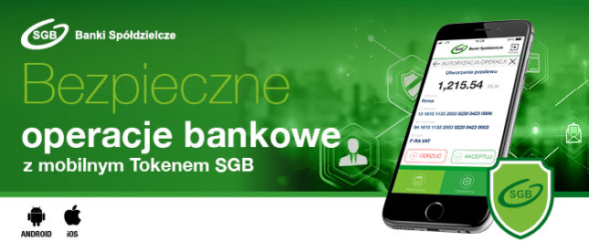 Grafika przedstawia telefon. Napis bezpieczne operacje bankowe z tokenem SGB.