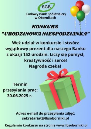 Plakat informujący o konkursie - urodzinowa niespodzianka