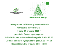 Grafika przedstawia godziny pracy Banku w dniu 31.12.2025 r.